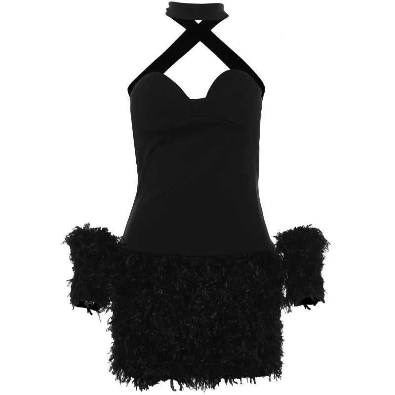 Weird Puss Sexy Party Dress Women Backless Elegant Bracelets Fluff Patchwork Bodycon Birthday Midnight Sexy Party Trend Clubwear