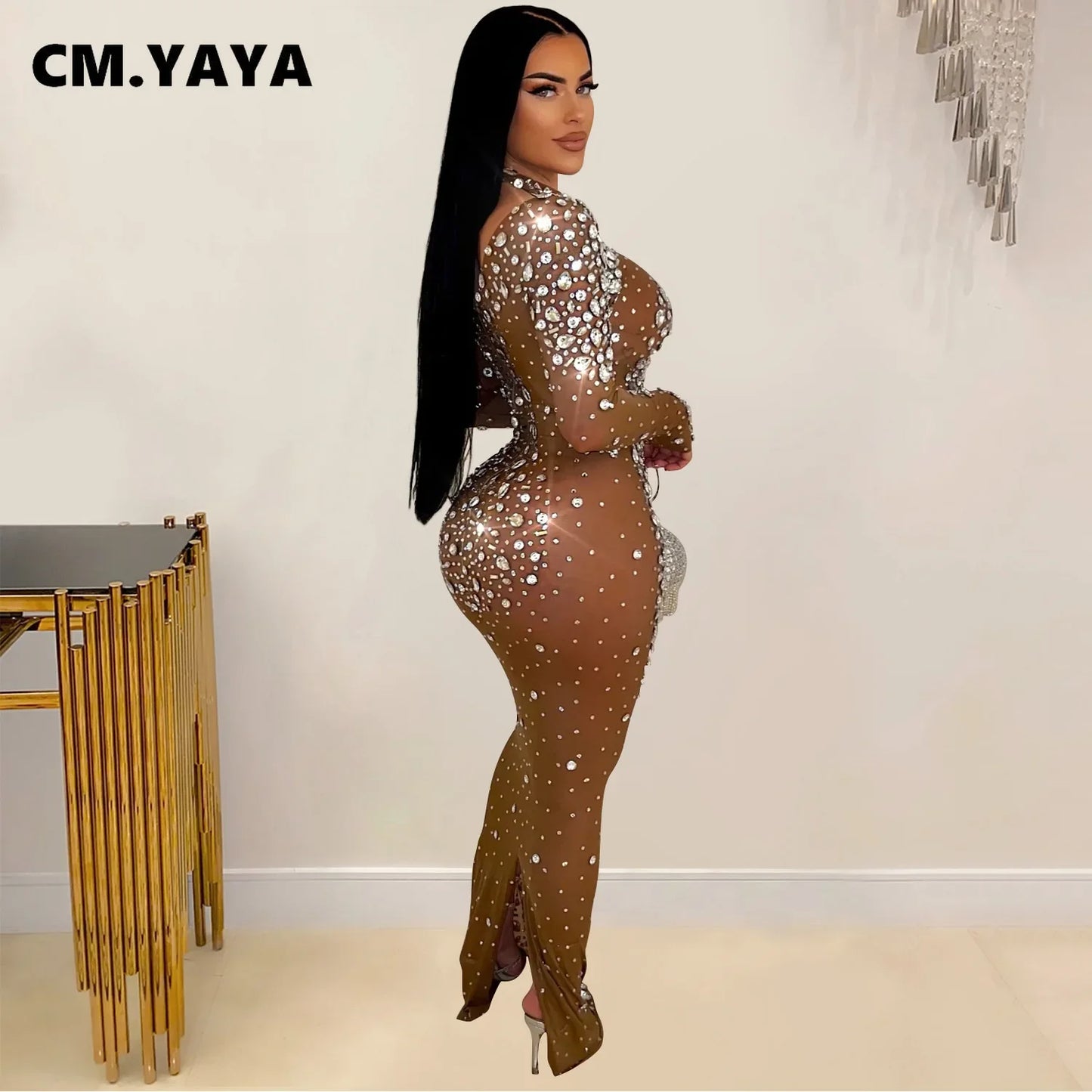 CM.YAYA 2024 Vestido midi ajustado con diamantes de malla y manga larga para mujer, vestidos largos de noche y cumpleaños