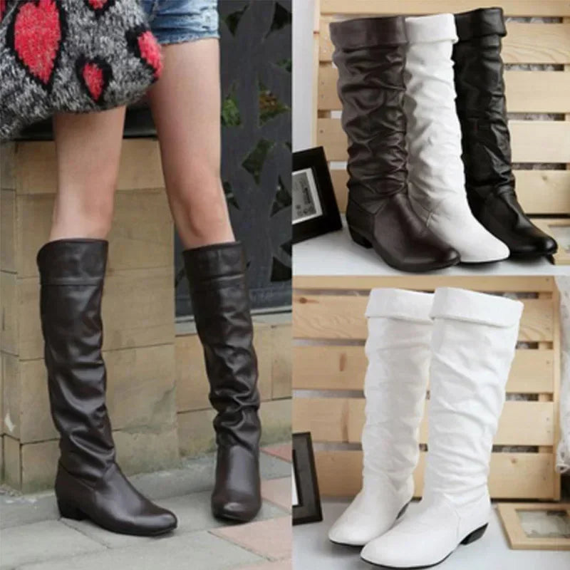 Kniehohe Stiefel aus Leder und PU für Damen, modische, faltbare Schlupfstiefel für den Winter, lässige Stiefel mit niedrigem Absatz, weiß/schwarz, lange, schmale Stiefel für Damen