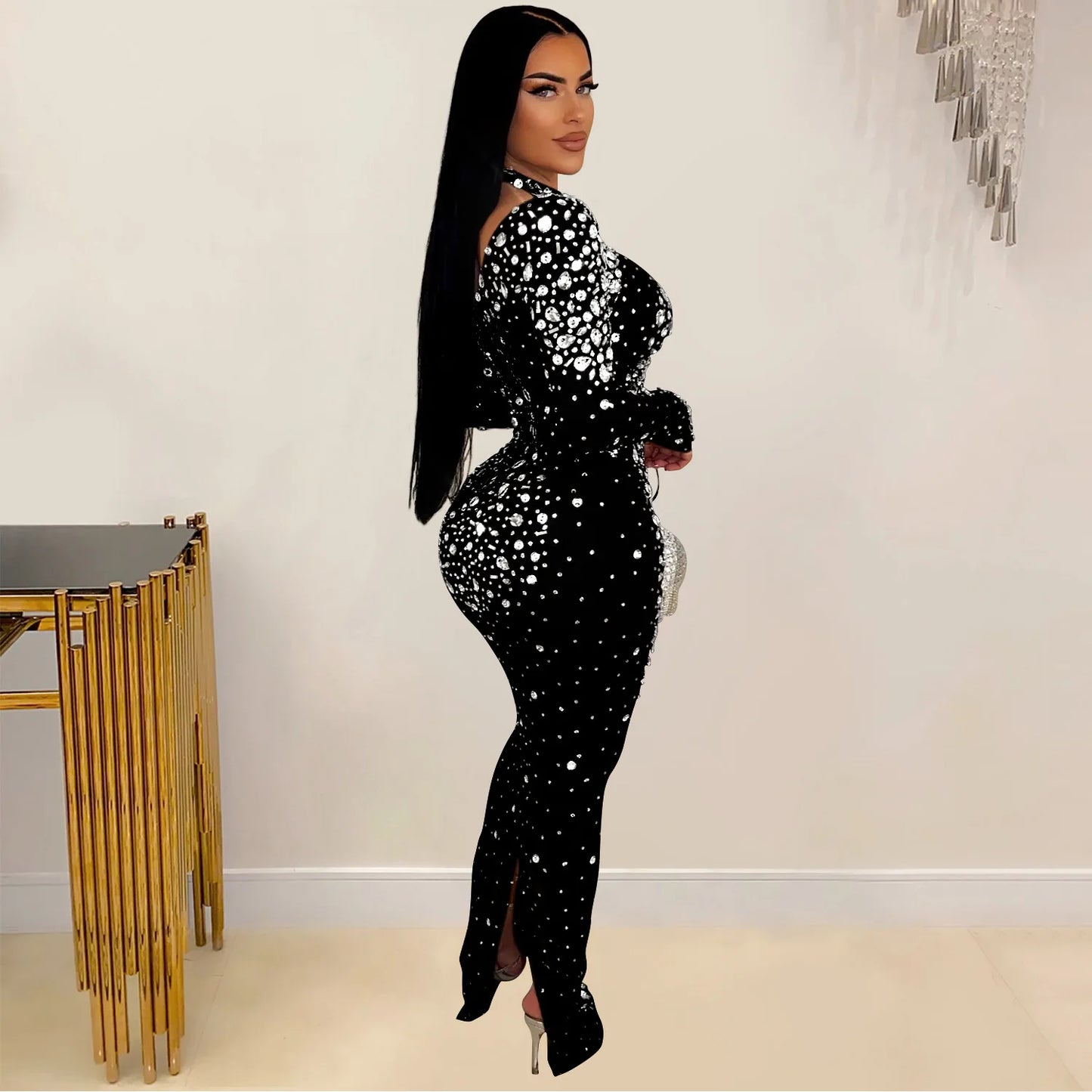 CM.YAYA 2024 Women Long Sleeve Mesh Diamonds Hot Rhinestones Bodycon Midi Dress Women’s Maxi Long Evening Birthday Dresses