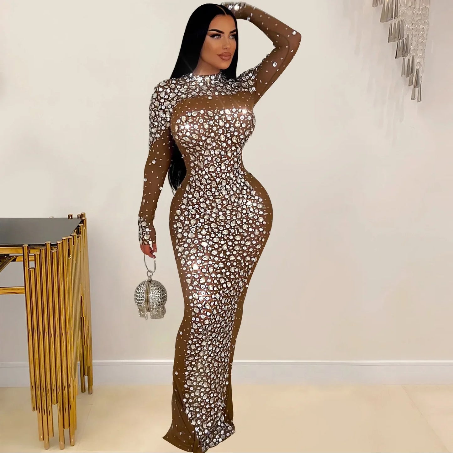 CM.YAYA 2024 Women Long Sleeve Mesh Diamonds Hot Rhinestones Bodycon Midi Dress Women’s Maxi Long Evening Birthday Dresses