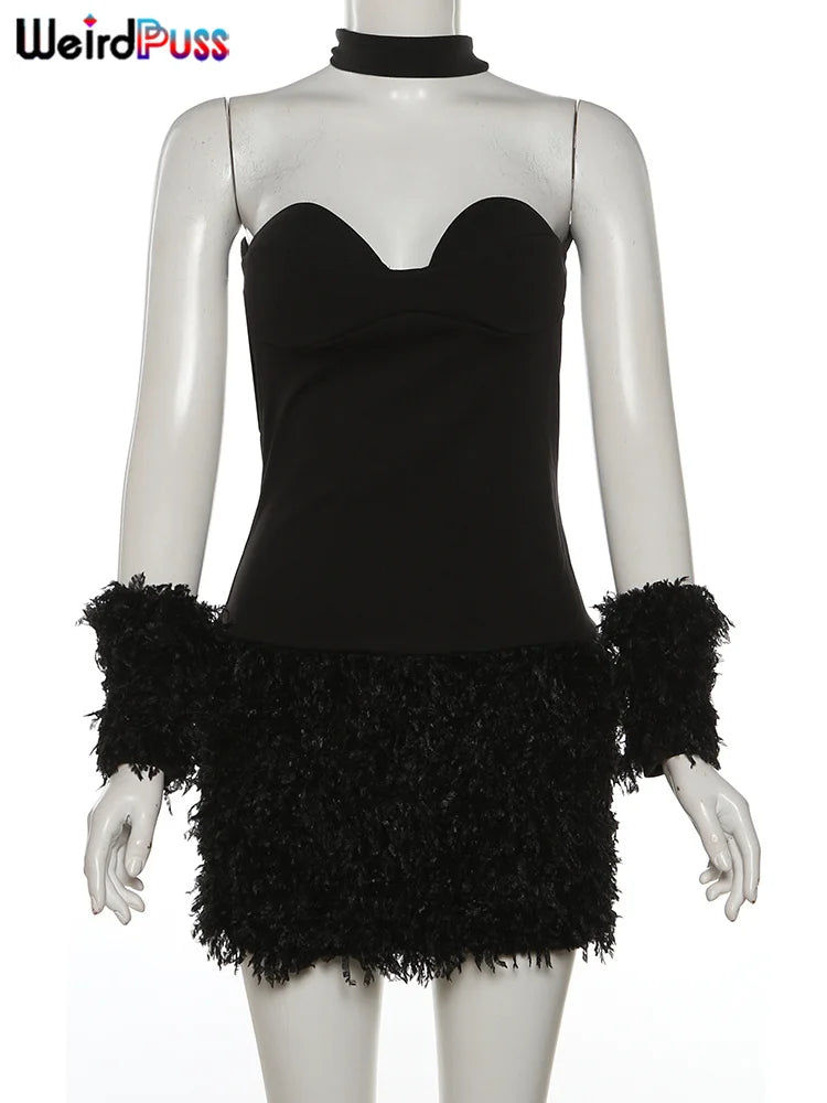 Weird Puss Sexy Partykleid Damen rückenfrei elegante Armbänder Fluff Patchwork figurbetont Geburtstag Mitternacht Sexy Party Trend Clubwear