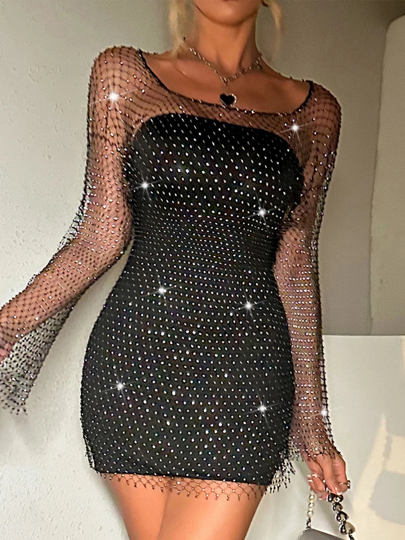 Sexy see through Rhinestone summer dress women shiny fishnet club beach party dress vestido elegante long sleeve evening dresses