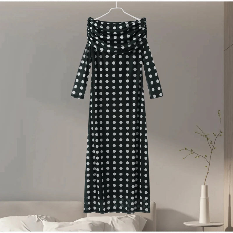 Sexy Polka Dot Dresses For Women Off Shoulder Mesh Patchwork Party Dress Long Sleeves Ruched Vestidos Summer Lady Elegant Robes