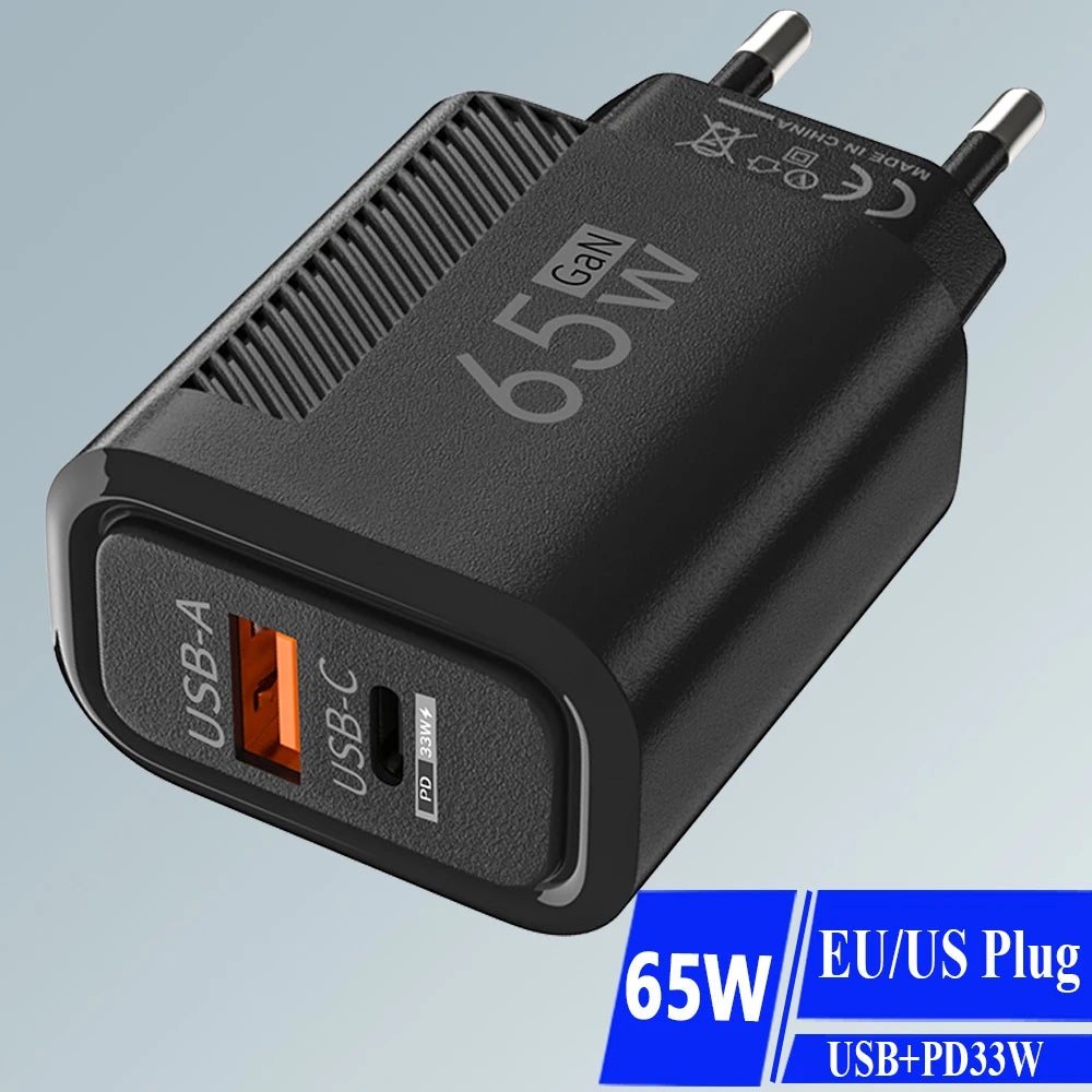 Cargador GaN de 65 W en total, carga rápida USB PD, tipo C de alta velocidad 