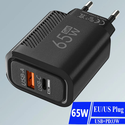 Cargador GaN de 65 W en total, carga rápida USB PD, tipo C de alta velocidad 