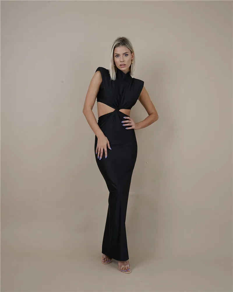 Mozision Hollow Out Turtleneck Sexy Maxi Dress For Women Fashion Solid Sleeveless Bodycon Tank Dresses Femme Club Party Dress