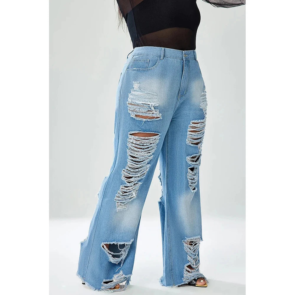 Plus Size Casual Denim Hollowed Out Wide Leg Pants Ripped Jeans