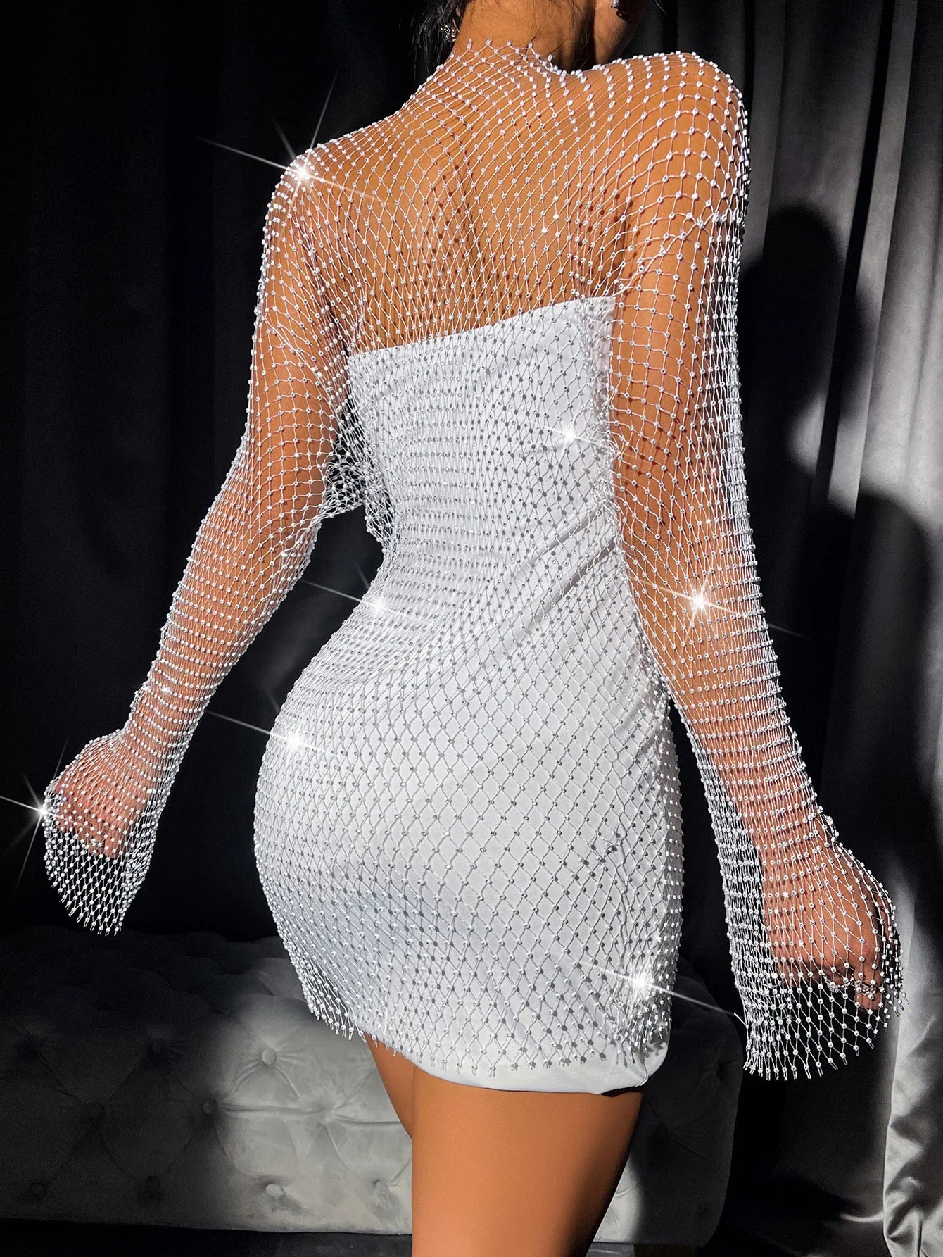 Sexy see through Rhinestone summer dress women shiny fishnet club beach party dress vestido elegante long sleeve evening dresses