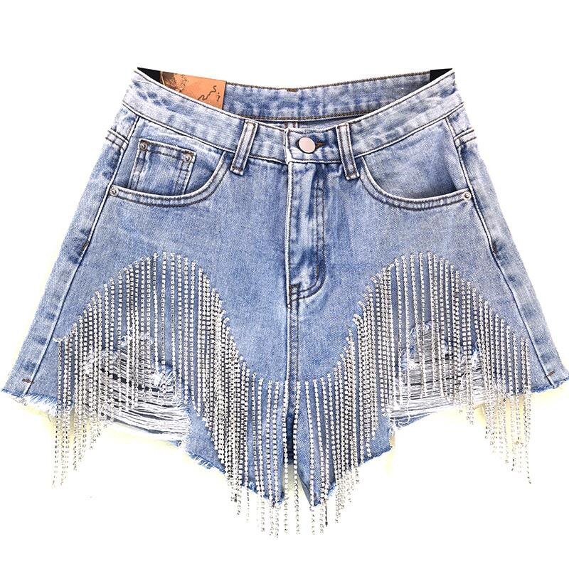 Women luxurious Tassel Rhinestone Fringed Hole Jeans Shorts Female