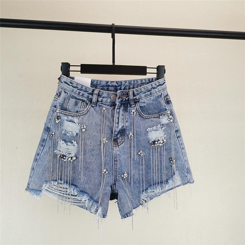 Women luxurious Tassel Rhinestone Fringed Hole Jeans Shorts Female