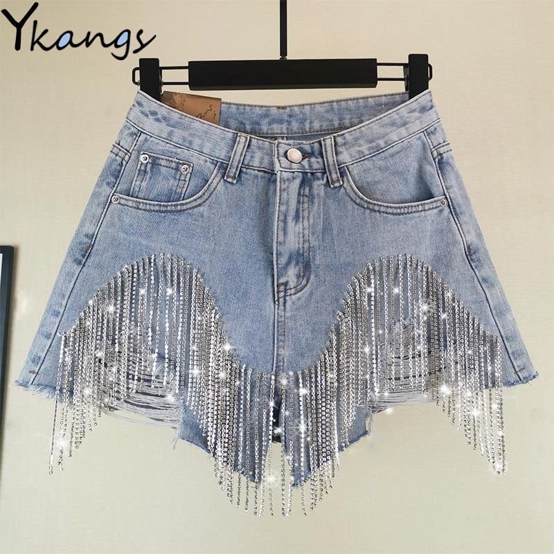 Women luxurious Tassel Rhinestone Fringed Hole Jeans Shorts Female