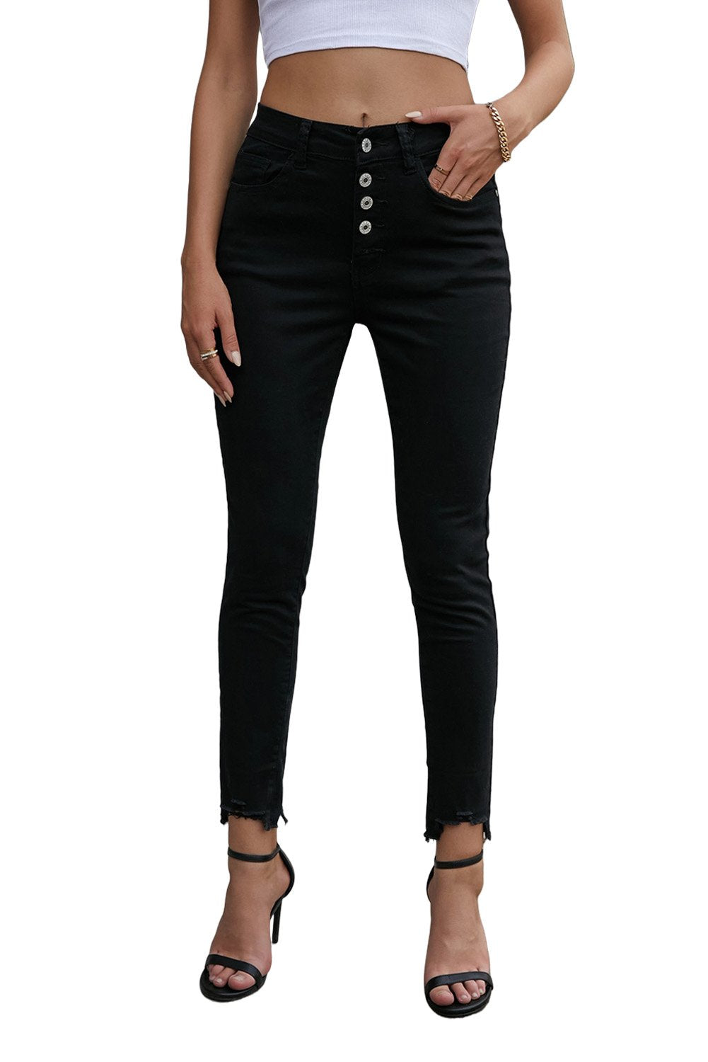 Women's Black Plain High Waist Buttons Frayed Cropped Denim Jeans