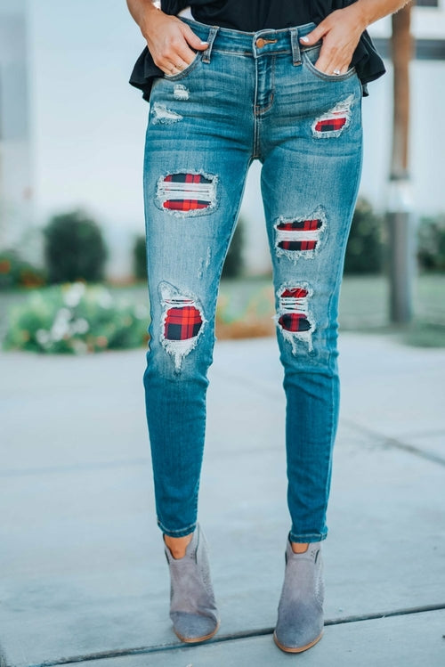 Damenmode Rote karierte Patch Destroyed Skinny Jeans