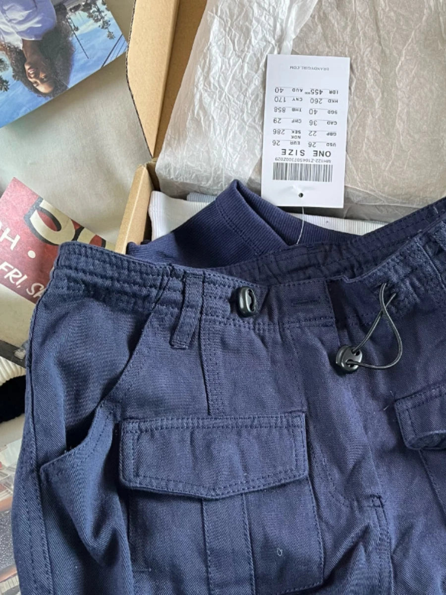 Cargohose mit Kordelzug in Marineblau für Damen, vier Jahreszeiten, einfarbig, hohe Taille, gerade Hose, Retro-Streetwear, Y2k-Hose 