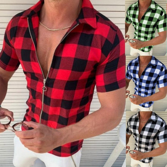 Plaid T Shirt Herren Reißverschluss Kurzarm Shirts Sommer Männer Kleidung