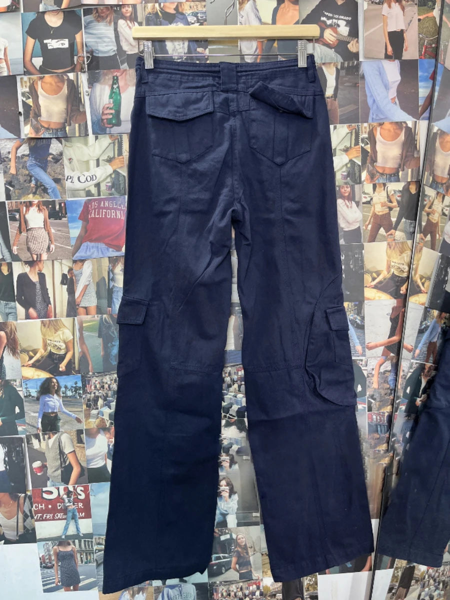 Cargohose mit Kordelzug in Marineblau für Damen, vier Jahreszeiten, einfarbig, hohe Taille, gerade Hose, Retro-Streetwear, Y2k-Hose 