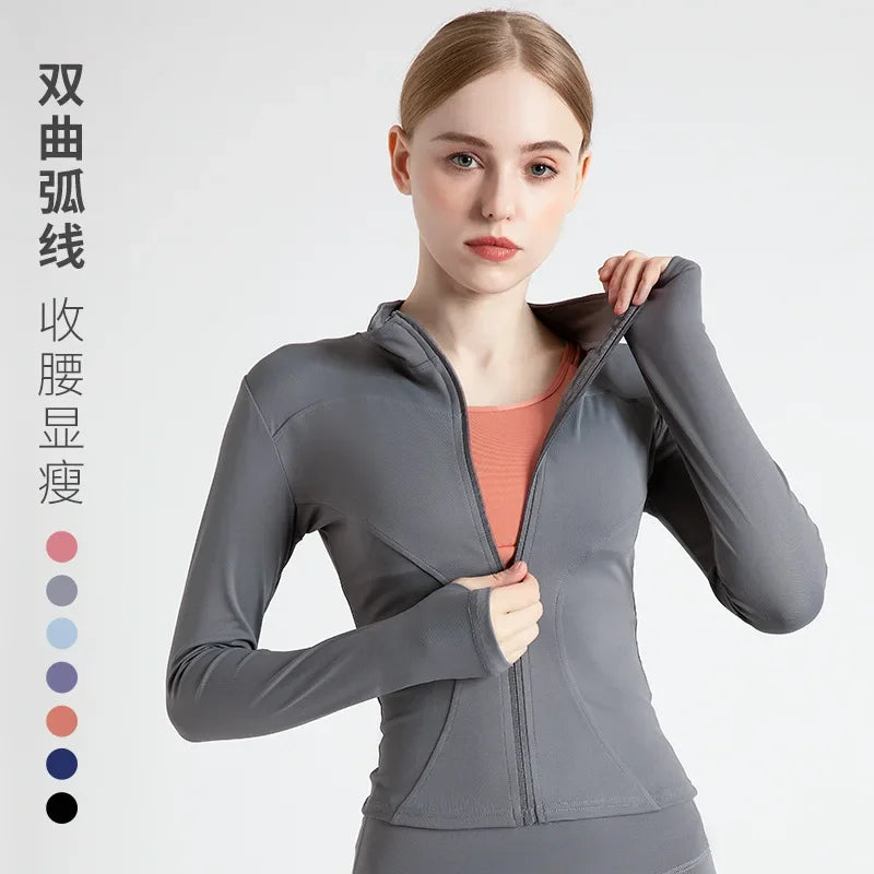 Chaqueta de yoga de gran tamaño, abrigo deportivo de manga larga con cremallera para mujer, ropa ajustada de secado rápido para yoga, ropa para correr y andar en bicicleta 