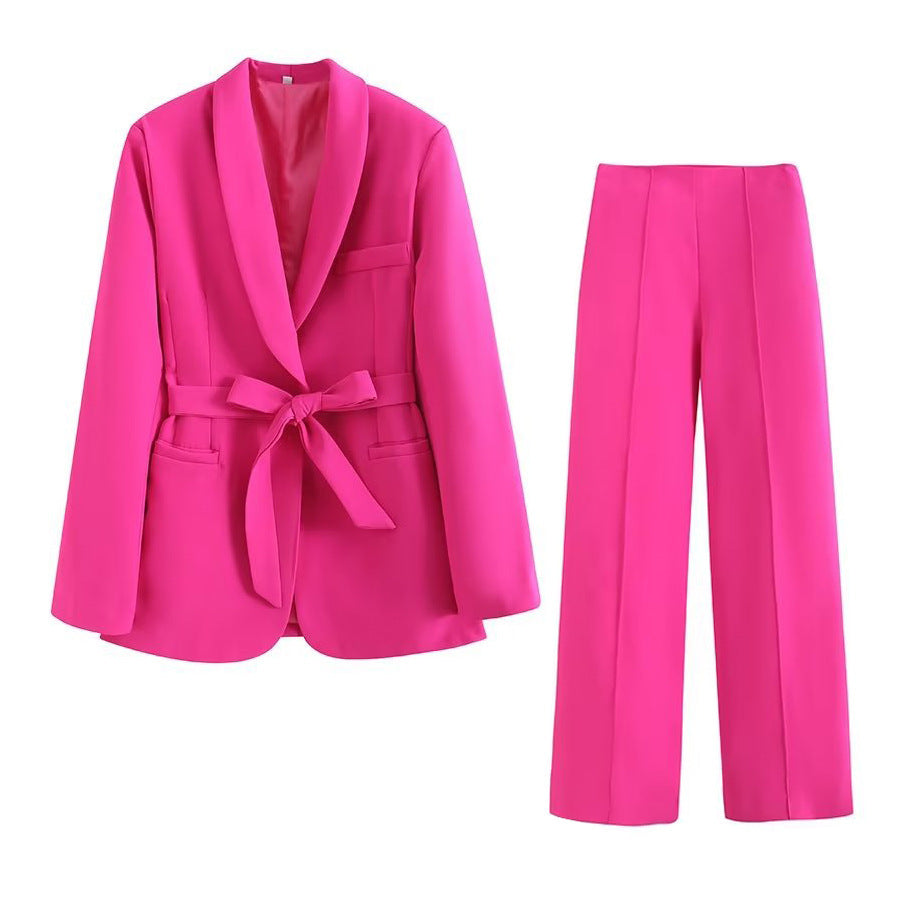 Women's Matching Belt Dress Small Suit Coat Casual Pants Set