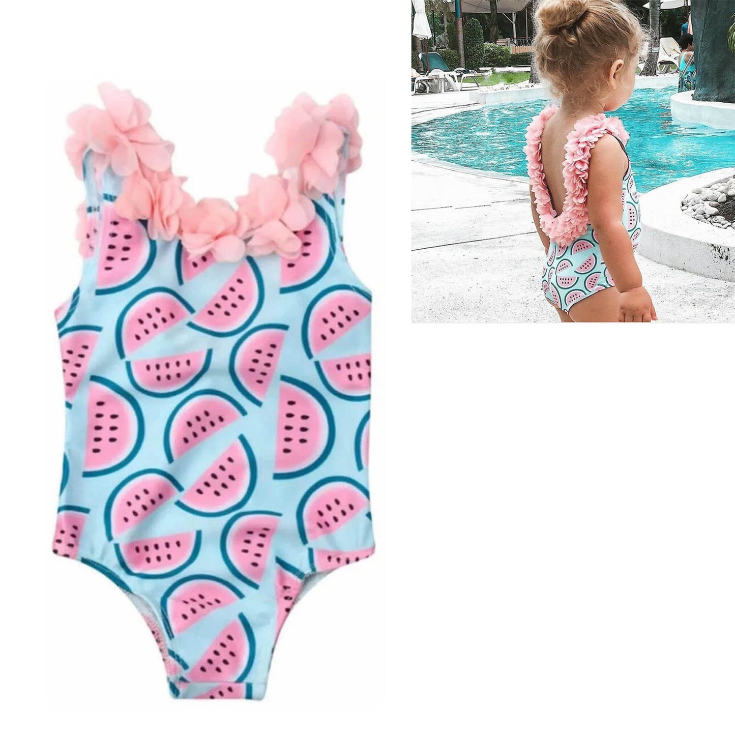 Traje de baño para niños con estampado de sandía y decoración de flores en 3D, traje de baño de una pieza para niña para playa, rosa y azul, 110 cm/43,3 pulgadas