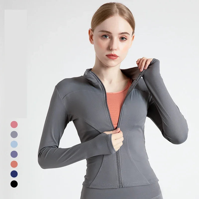 Chaqueta de yoga de gran tamaño, abrigo deportivo de manga larga con cremallera para mujer, ropa ajustada de secado rápido para yoga, ropa para correr y andar en bicicleta 