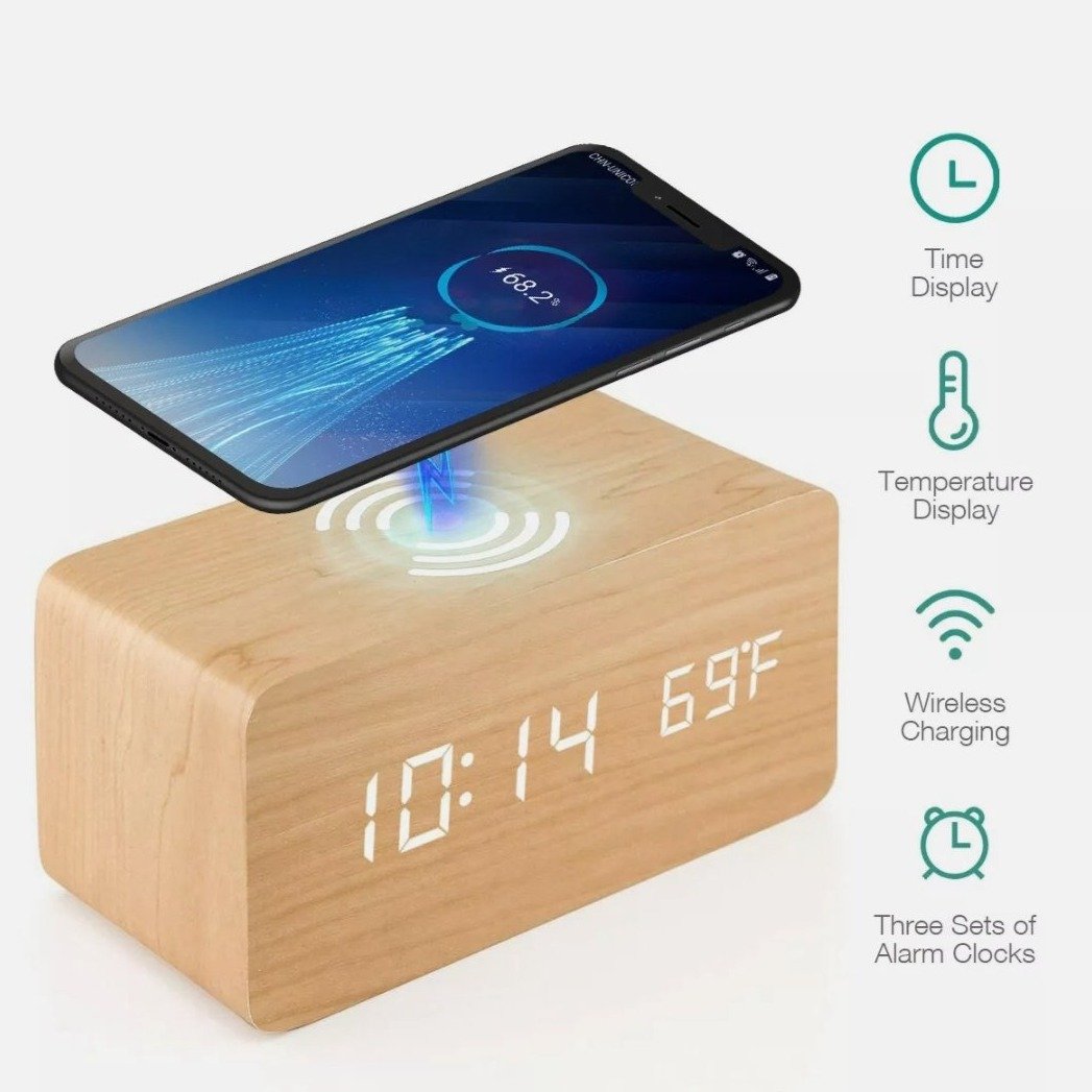 Wooden Digital Alarm Clock with Wireless Phone Charging Pad