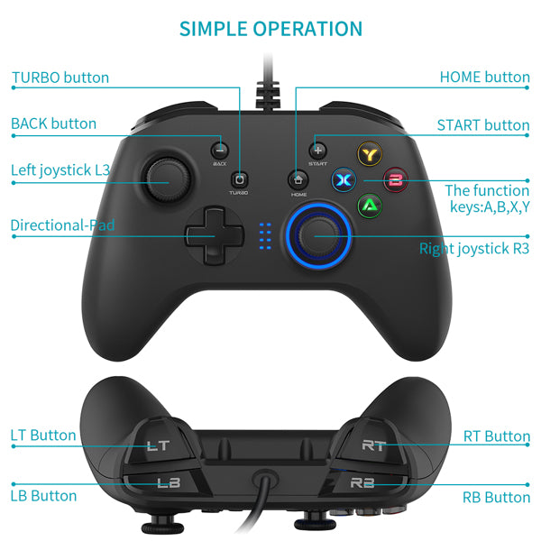 Mando de juegos con cable y joystick con doble vibración