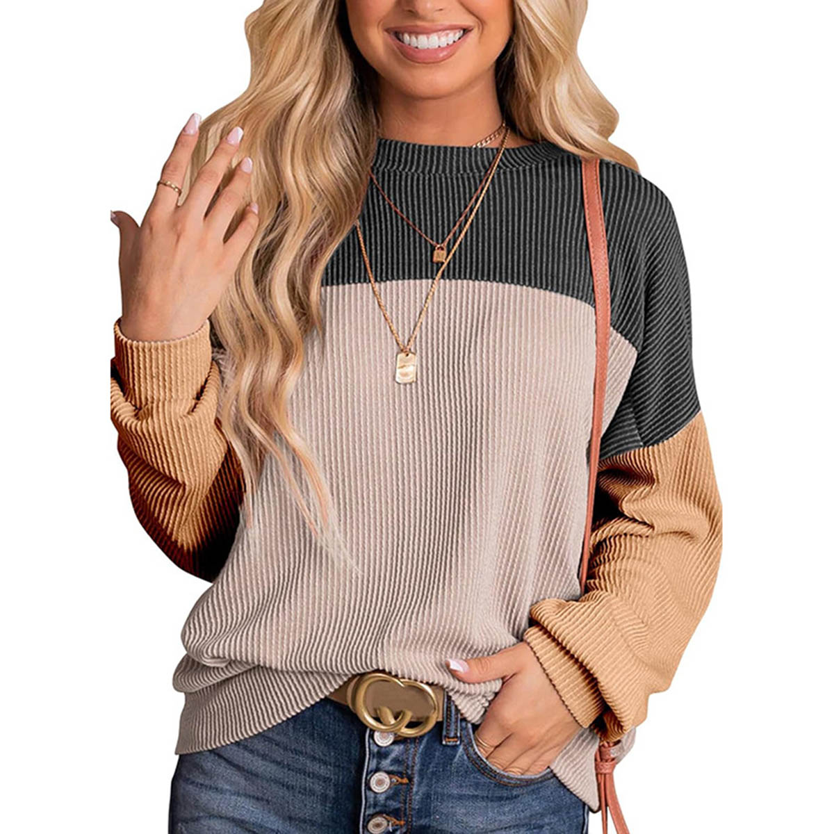 Womens Color Block Long Sleeve Crewneck Knitted Casual Pullover Tops