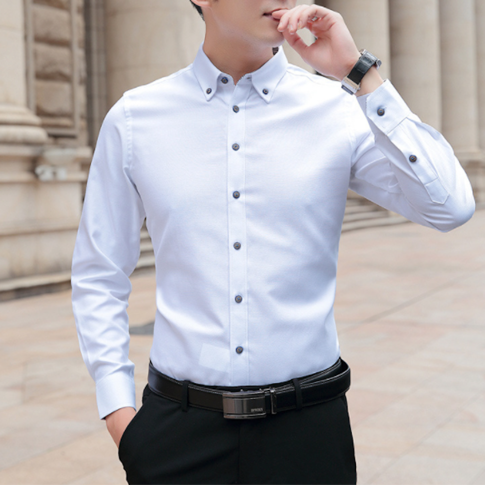 Camisa Oxford de manga larga con botones y corte ajustado para hombre