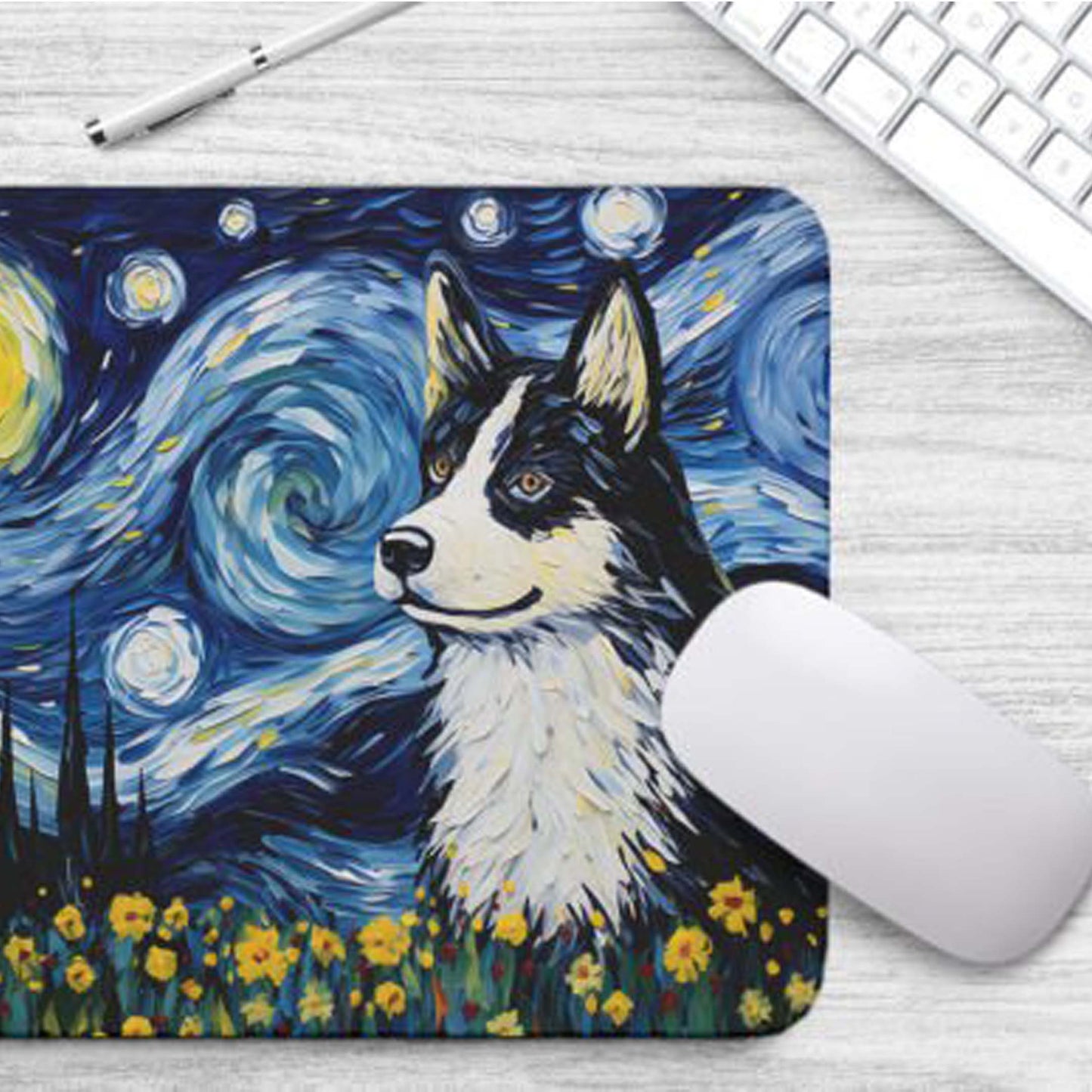 Starry Night Dog Husky Non-Slip Computer Mousepad