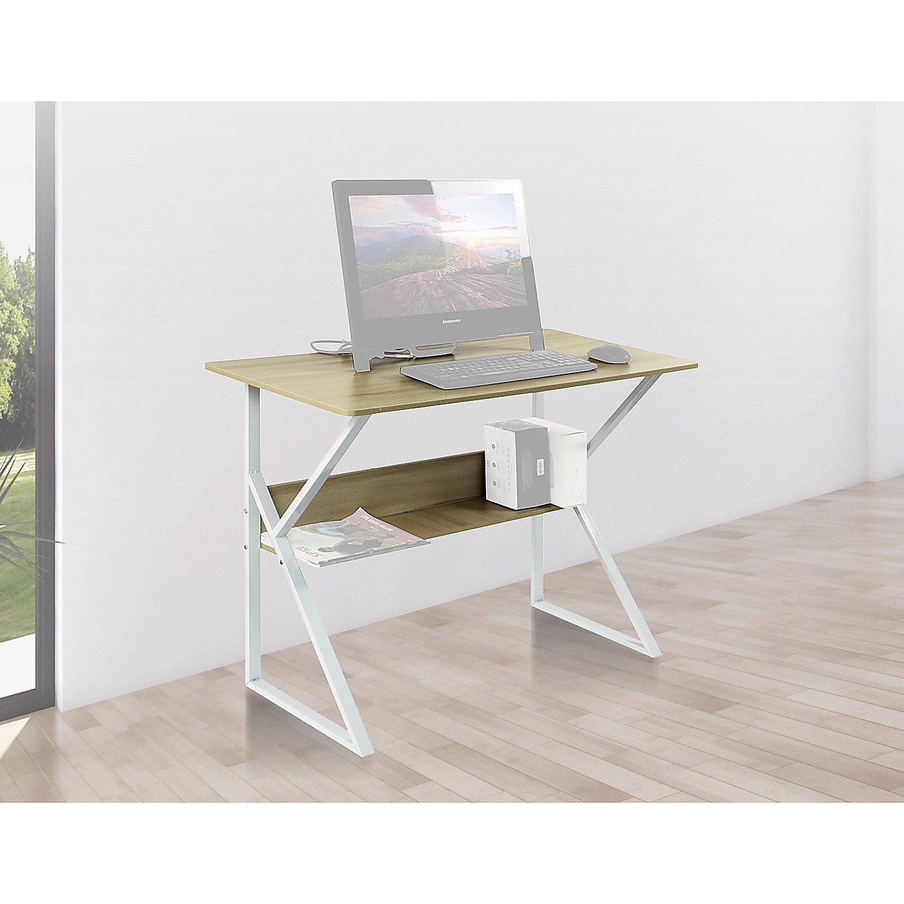 Wood & Metal Computer Desk with Shelf Home Office Furniture