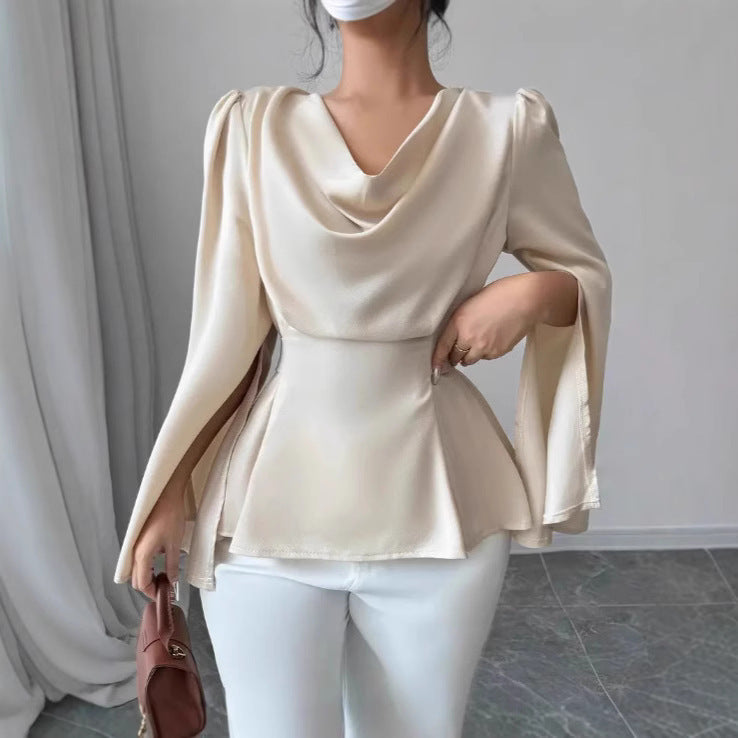 Women's Satin Flare Sleeve Waist Trimming Shirt