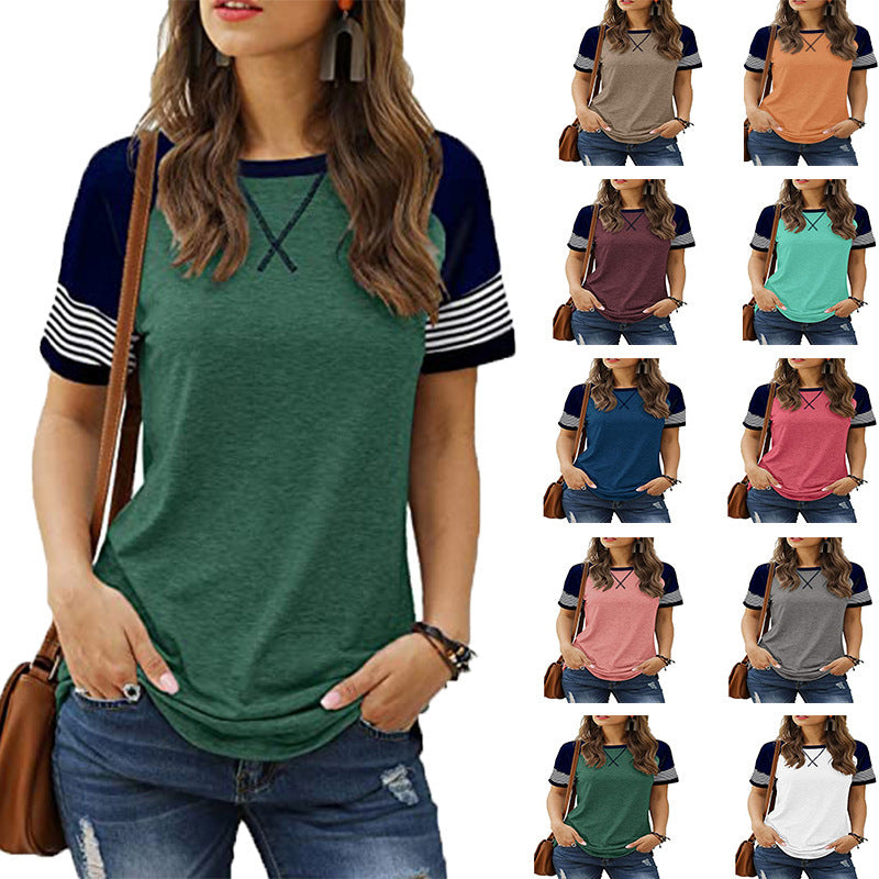 Camiseta casual de mujer de manga corta con costuras descoloridas