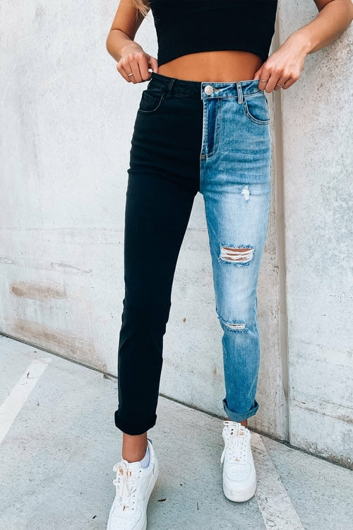 Skinny-Jeans im Colorblock-Look mit Used-Look