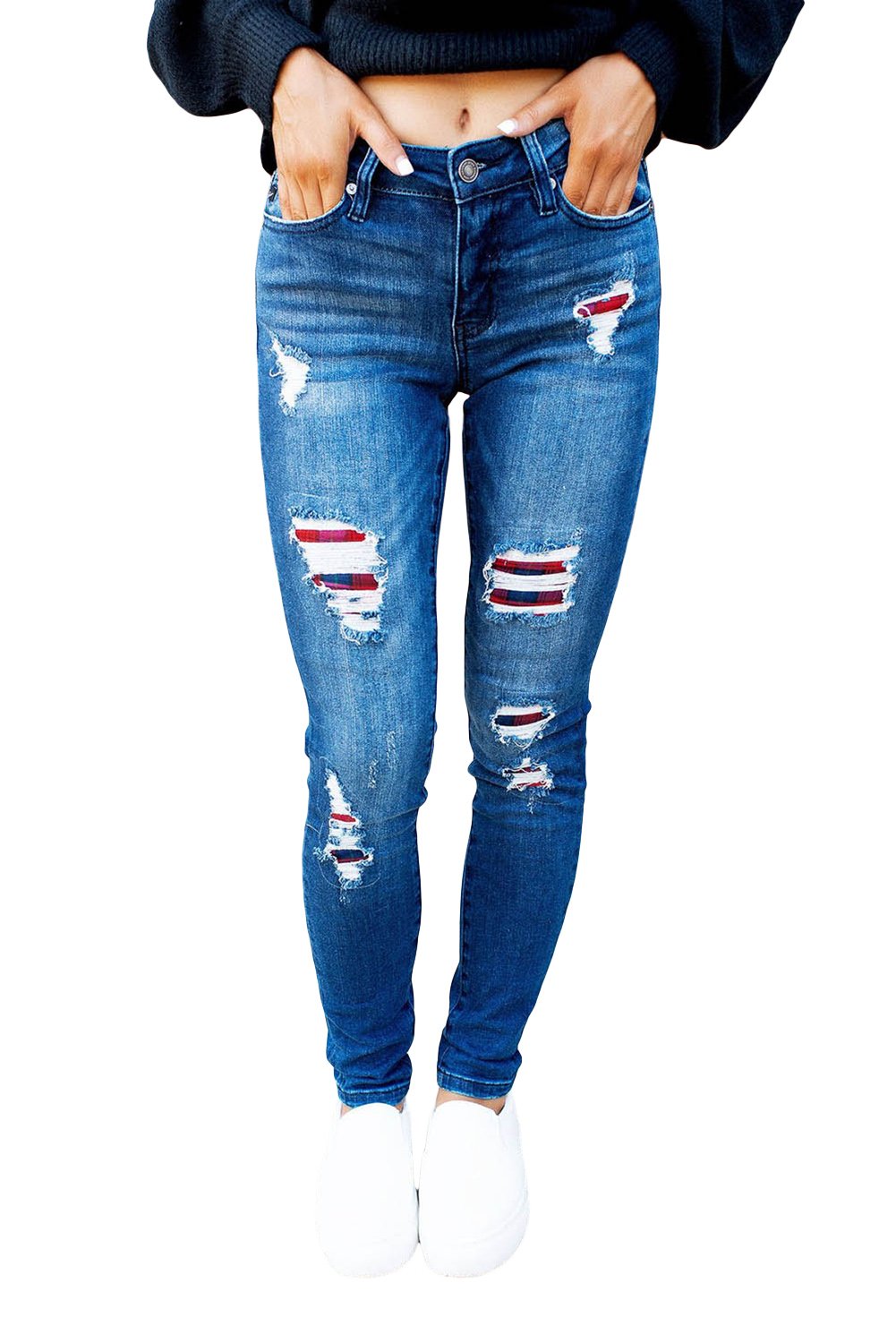 Dunkel verwaschene Skinny-Jeans mit mittelhohem Bund und karierten Patches