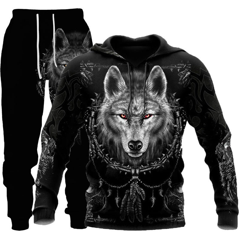 Chándal con estampado de lobo en 3D para hombre, ropa deportiva con capucha, conjunto de dos piezas para correr al aire libre, fitness, para hombre