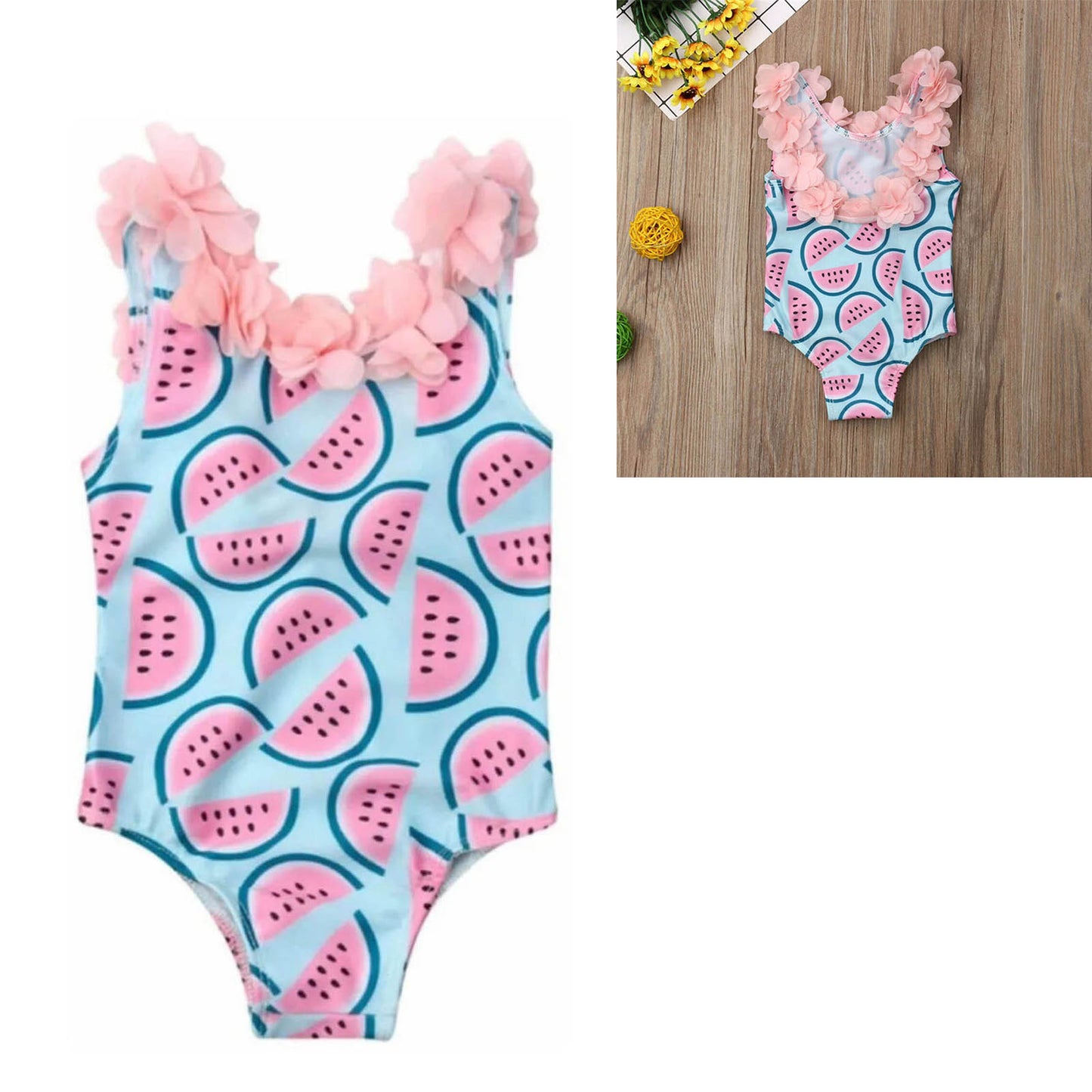 Traje de baño para niños con estampado de sandía y decoración de flores en 3D, traje de baño de una pieza para niña para playa, rosa y azul, 110 cm/43,3 pulgadas