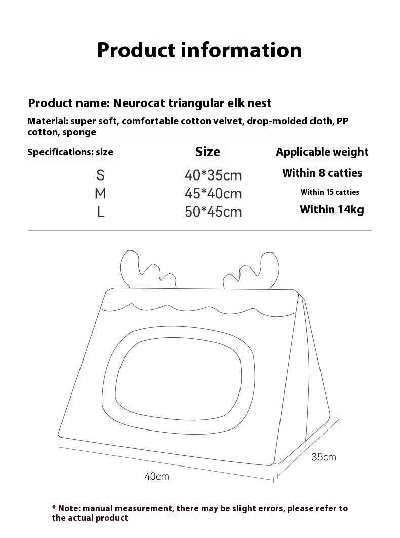 Nido cálido de alce navideño con forma de triángulo para gatos de otoño e invierno