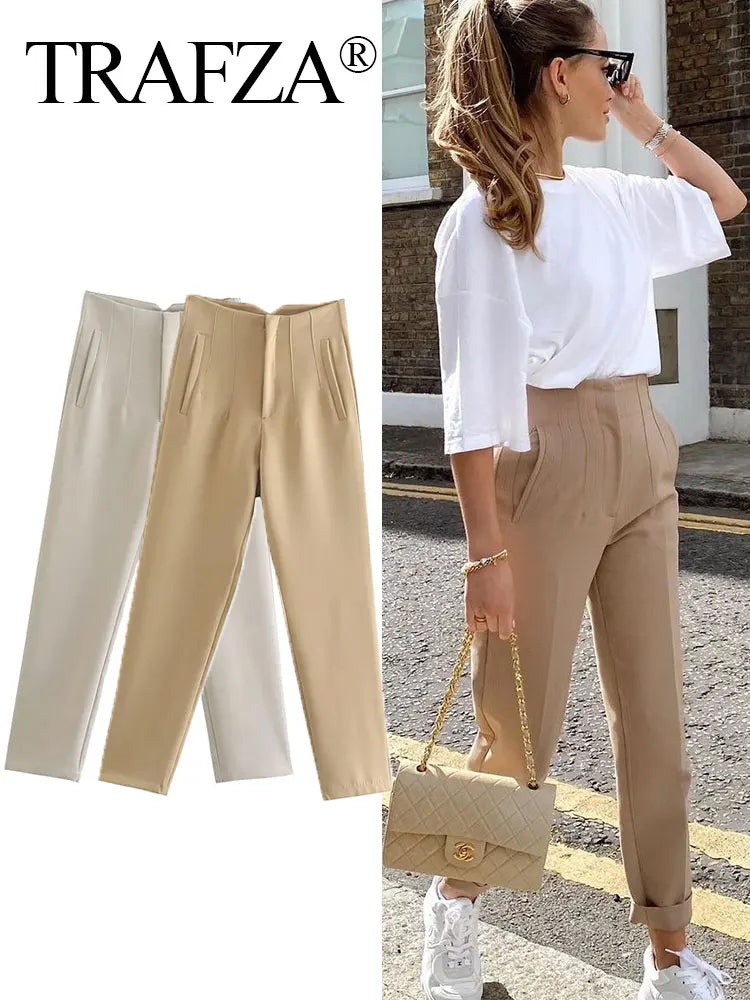 TRAFZA Pantalones elegantes de tubo de color liso para mujer, pantalones de cintura alta para mujer, pantalones casuales de calle para mujer, pantalones elegantes para oficina 