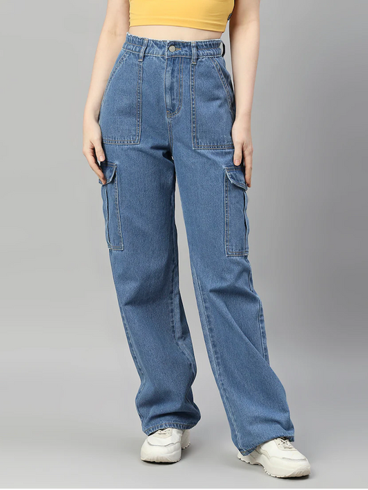 Damen-Jeans aus Baumwoll-High-Rise-Denim (Größe 34) (Farbe: Hellblau)