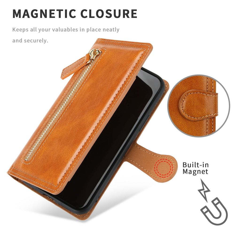 Funda tipo billetera con cremallera y soporte de carga inalámbrica para iPhone