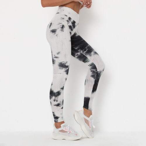 Leggings deportivos texturizados con frunces en el trasero: blanco con azul y negro. 