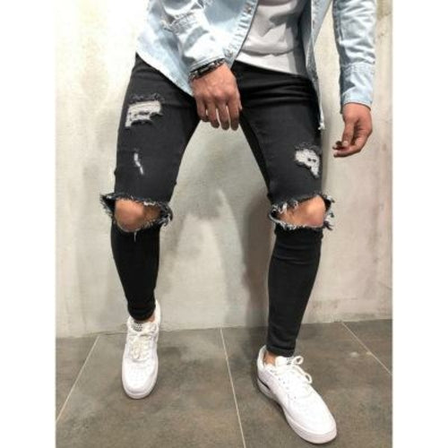 2018 nueva moda hombres jeans elásticos diseño roto destruido moda