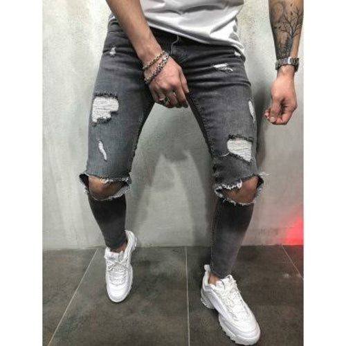 2018 nueva moda hombres jeans elásticos diseño roto destruido moda