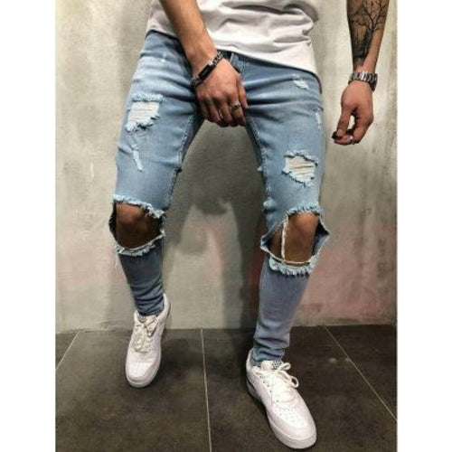 2018 nueva moda hombres jeans elásticos diseño roto destruido moda