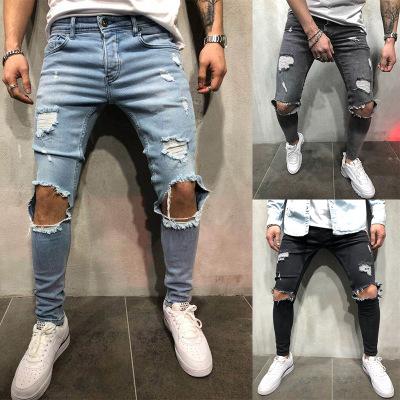 2018 nueva moda hombres jeans elásticos diseño roto destruido moda