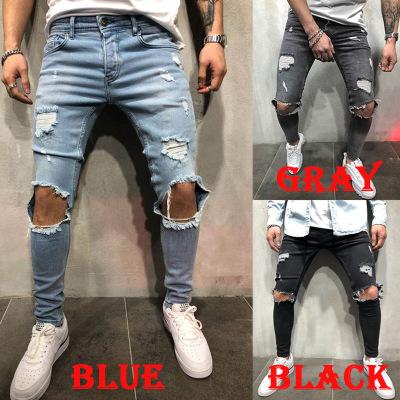 2018 nueva moda hombres jeans elásticos diseño roto destruido moda