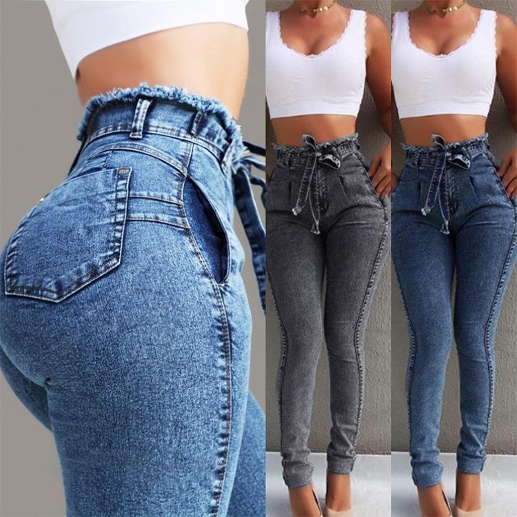 2019 Damenjeans Slim Stretch Quaste Gürtel High Waist Jeans Damen