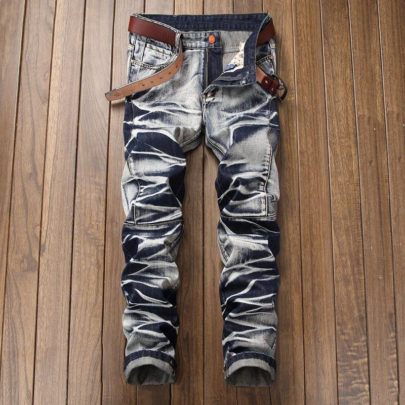 Hochwertige Herren Casual Jeans Beschichtete Slim Straight Plissee Biker Jeans