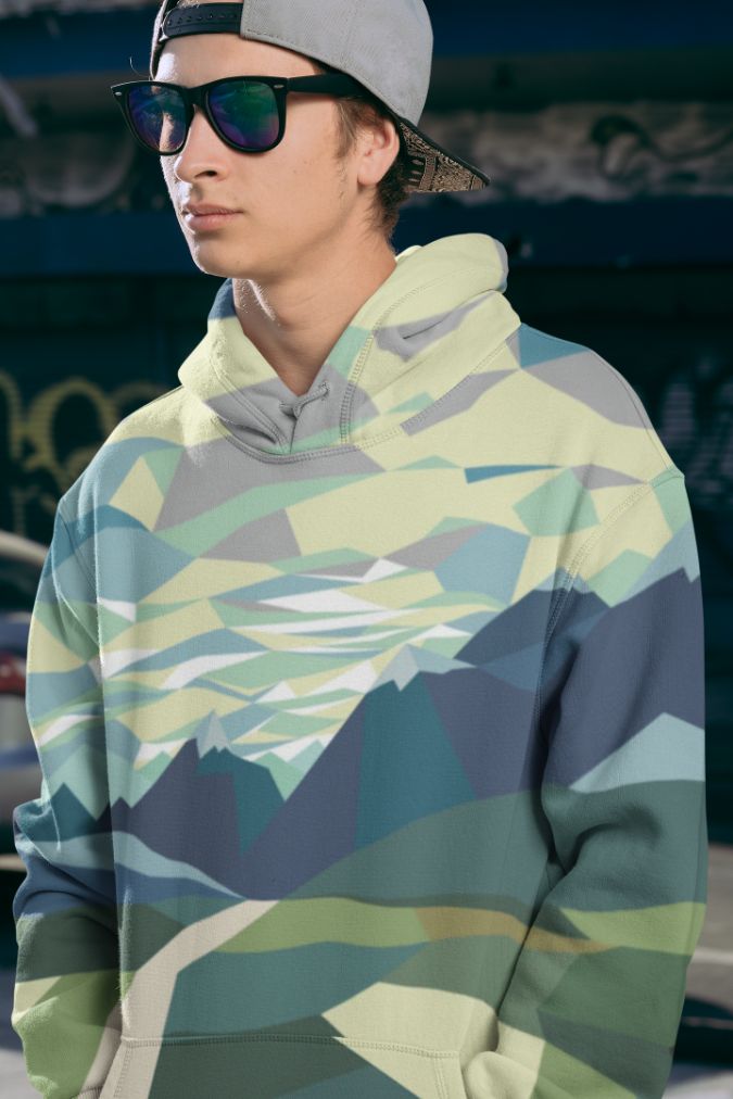 Sudadera con capucha de sublimación para hombre con paisaje alpino